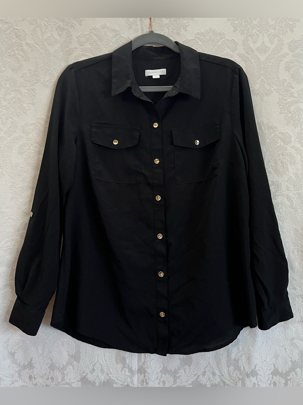 Charter Club Women’s Black Button Up Blouse Size Small GUC Roll Tab Sleeves